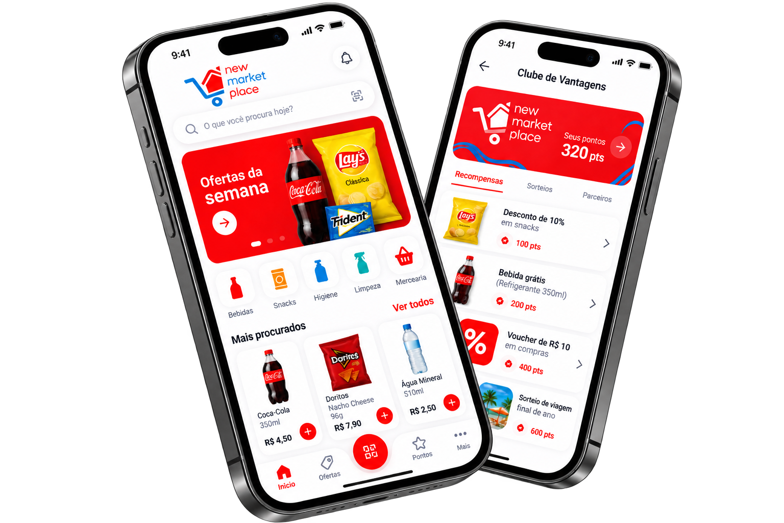 Duas telas do aplicativo New Market Place: ofertas da semana e Clube de Vantagens com saldo de pontos