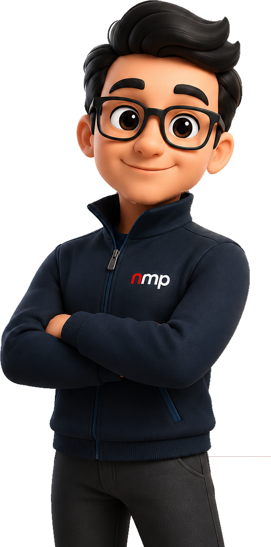 Zeno, a inteligência artificial da New, representado como um personagem de óculos e jaqueta azul com o logotipo nmp